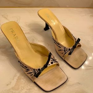 PRADA Creme Satin & Black Leather Bow Beads 9.5